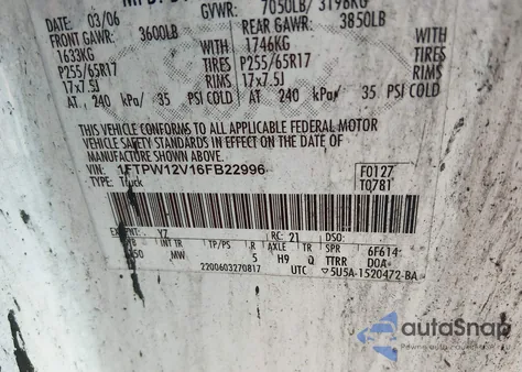 2006 Ford F-150 Lariat/Xlt z USA, uszkodzony, nr VIN 1FTPW12V16FB22996